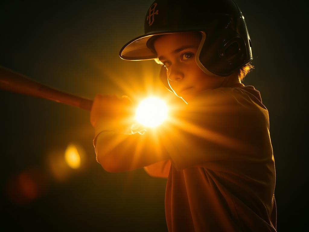 Young baseball player swinging a bat in golden light