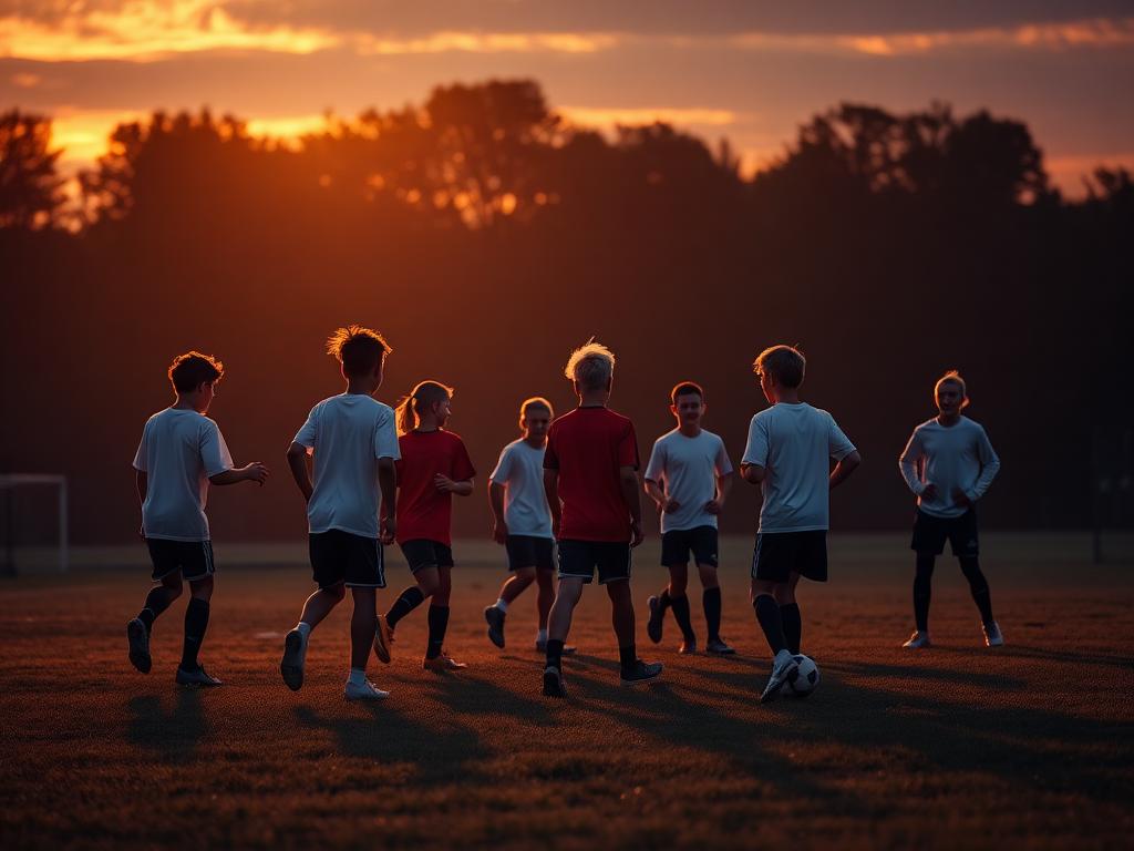 Youth soccer players training on a field at dusk