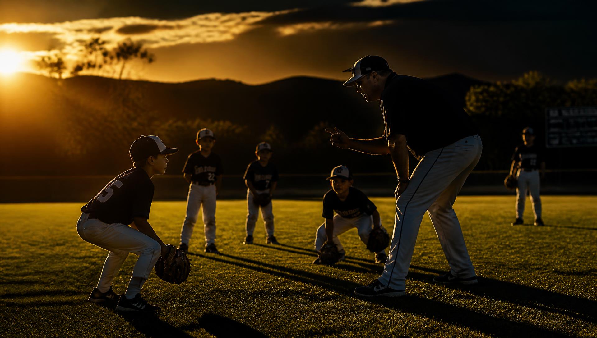 Youth baseball campers taking instruction from a coach at sunset